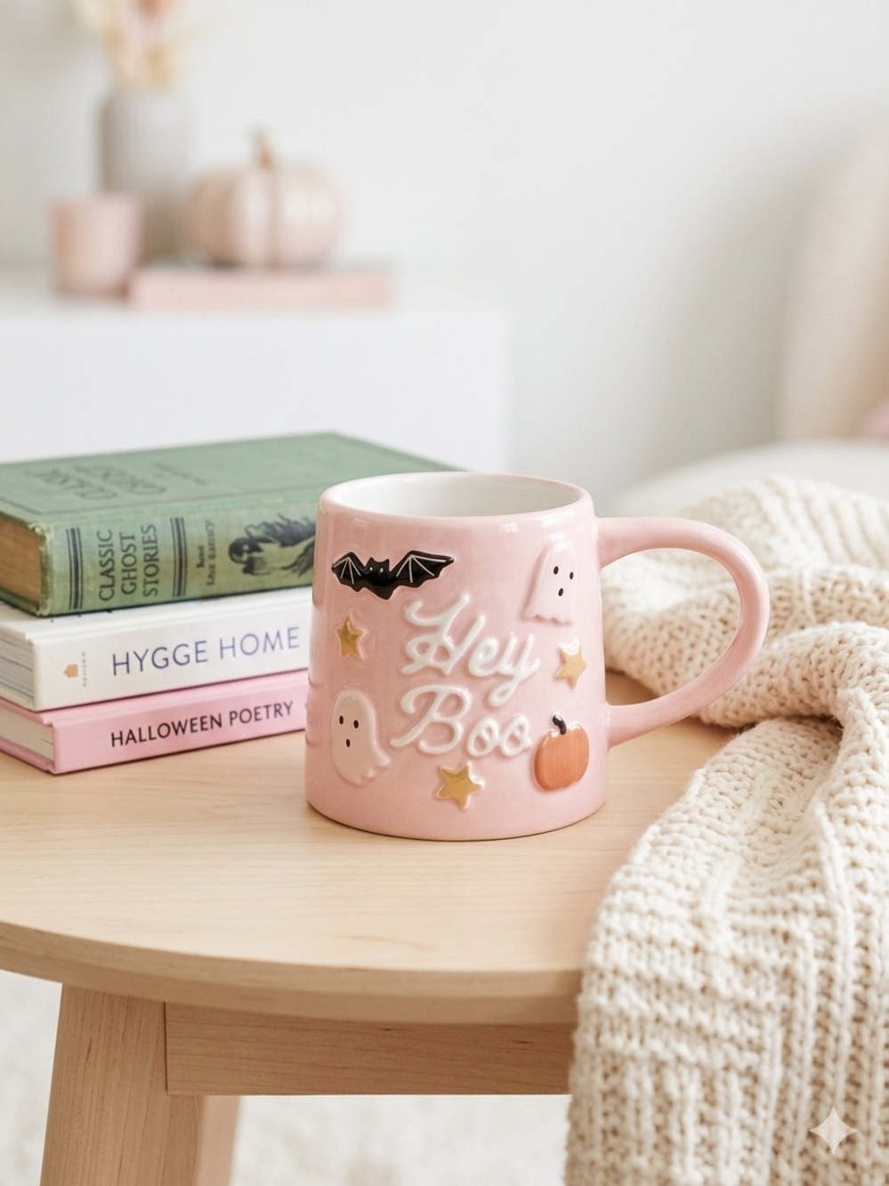 Hey Boo Pink Halloween Ceramic Mug Ghost Bat Pumpkin 3D Raised Design NWT